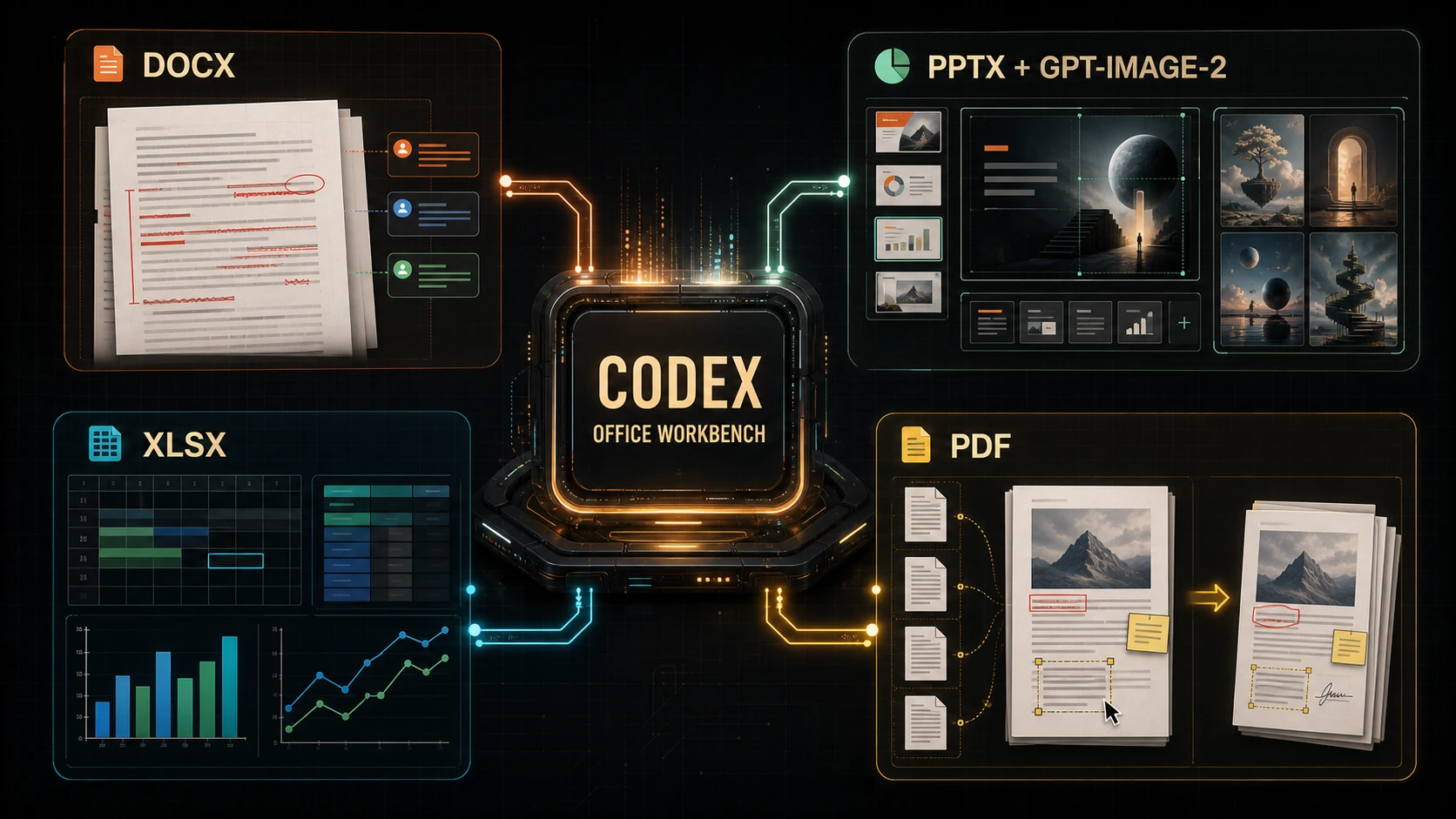 Codex Office Workbench dark infographic with DOCX, PPTX plus GPT-Image-2, XLSX, and PDF deliverables